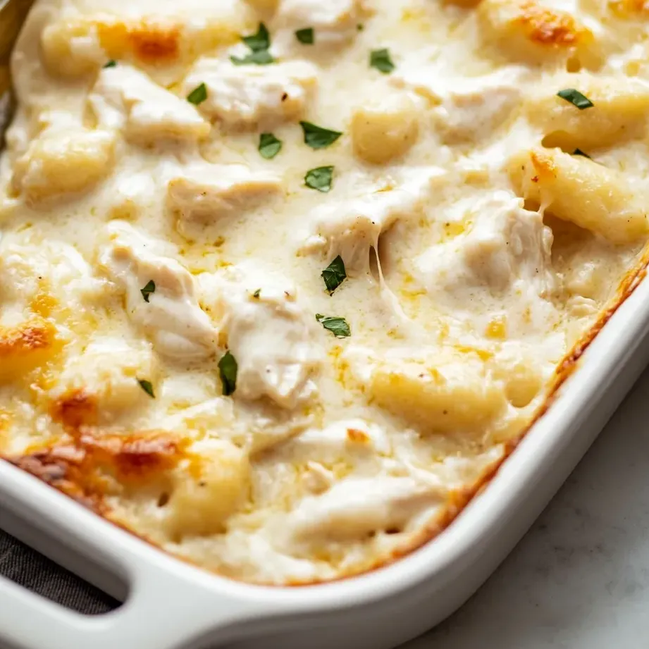 Big bowl of cheesy pasta and chicken.