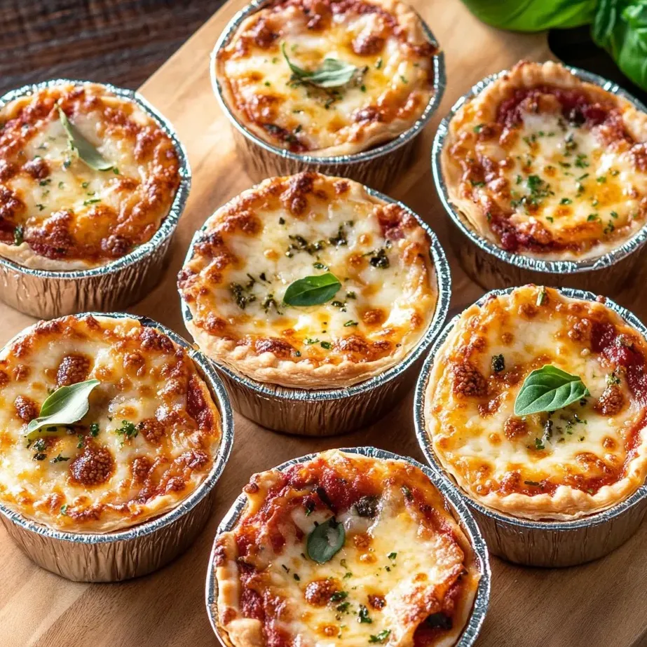 Tray holding several mini pizzas topped with melted cheese and greens.