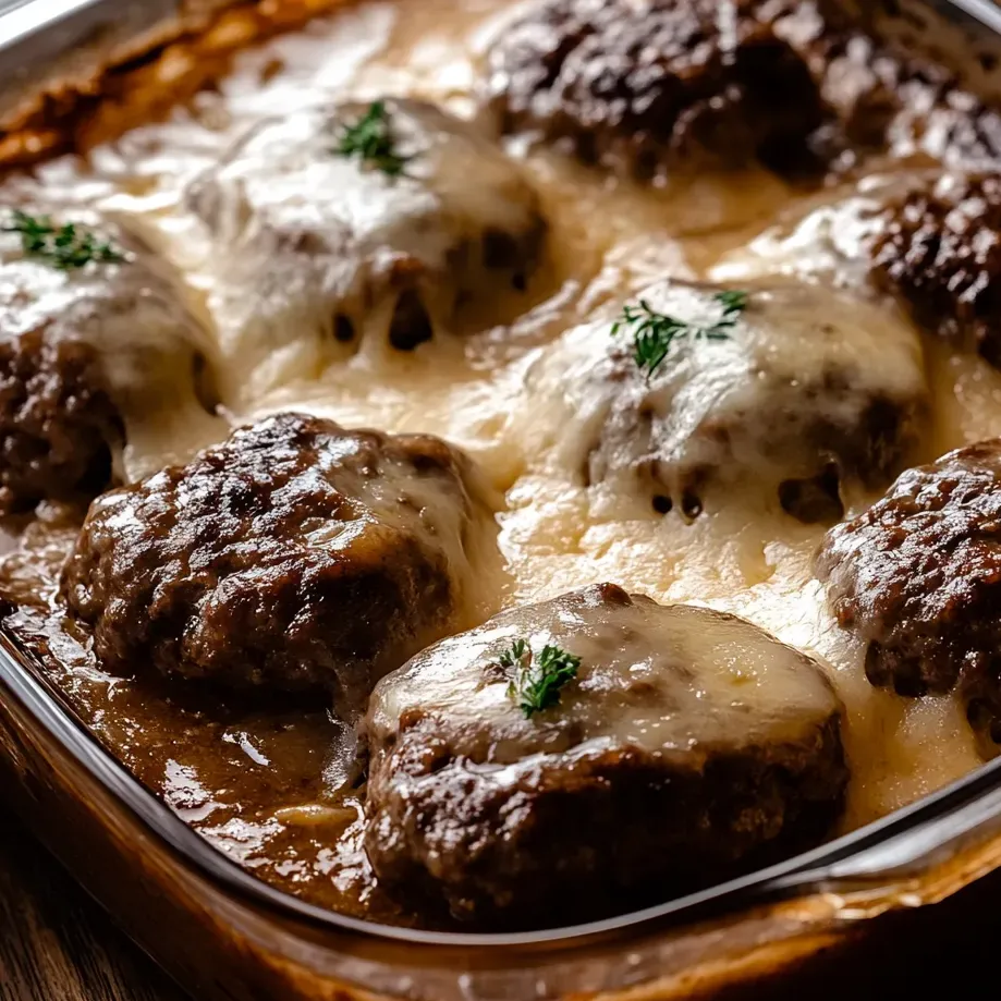 Cheesy meatballs fresh from the oven in a baking dish.