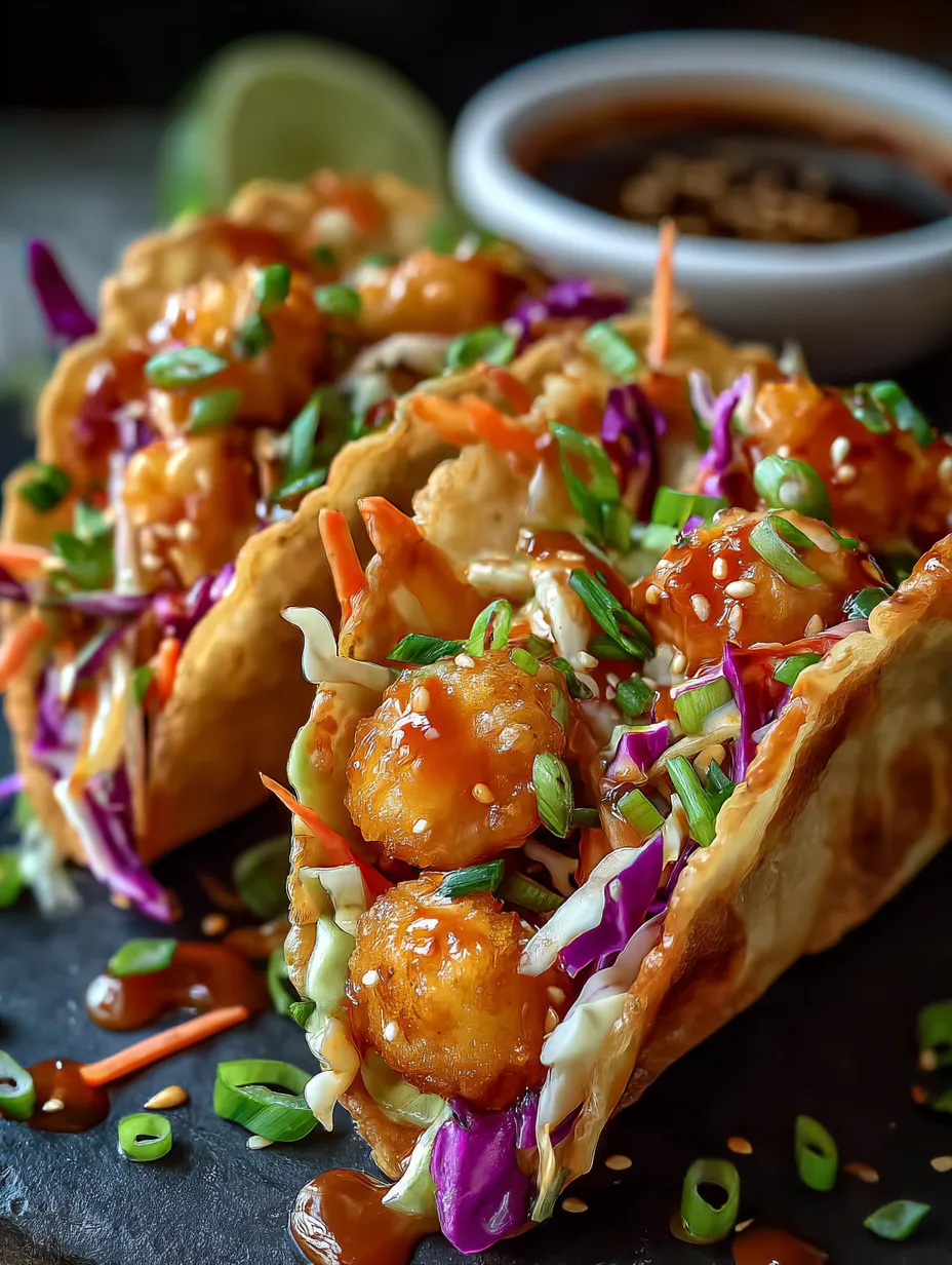 Crisp wonton taco stuffed with colorful slaw and juicy filling.