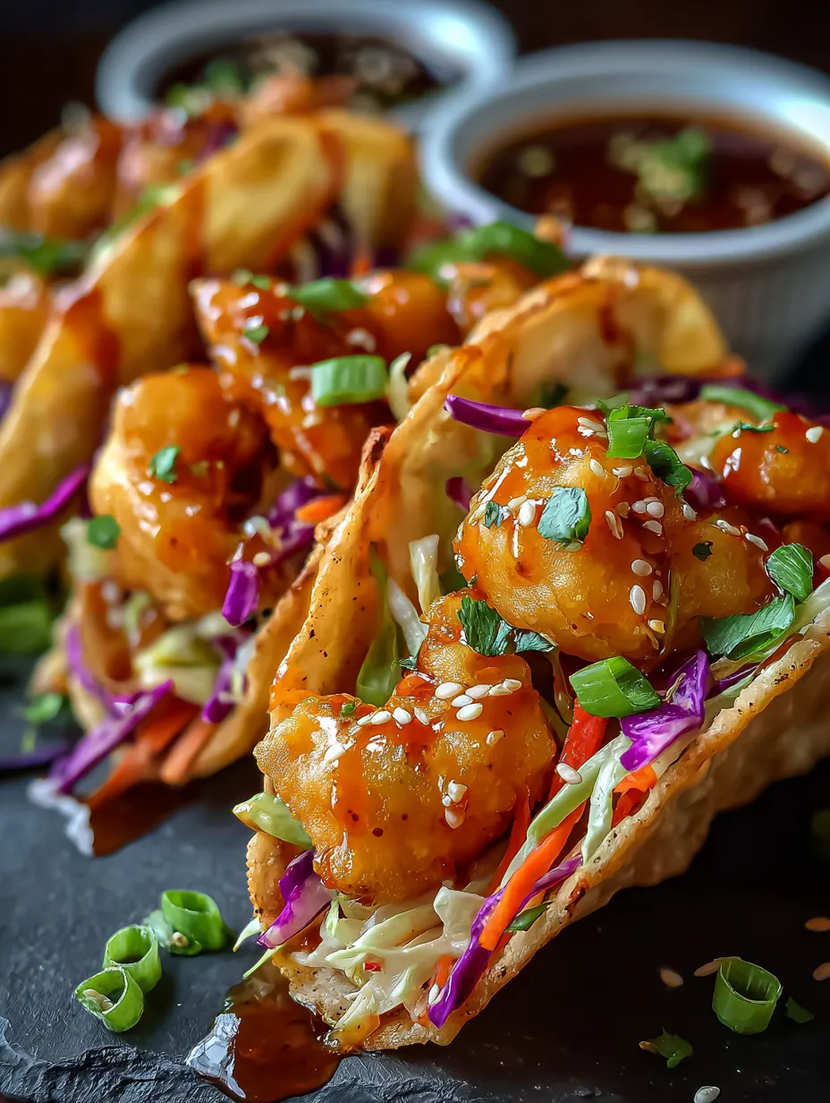 A plate piled with chicken wonton tacos and a little bowl of bright sauce.