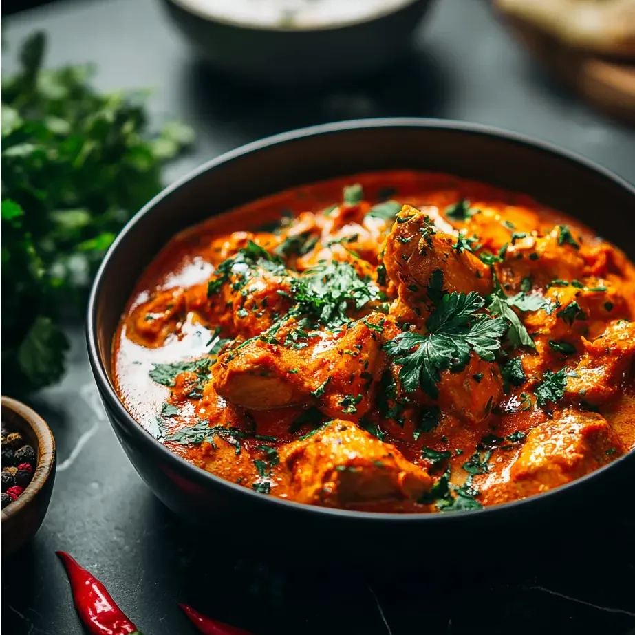 Chicken curry in a bowl topped with green herbs.