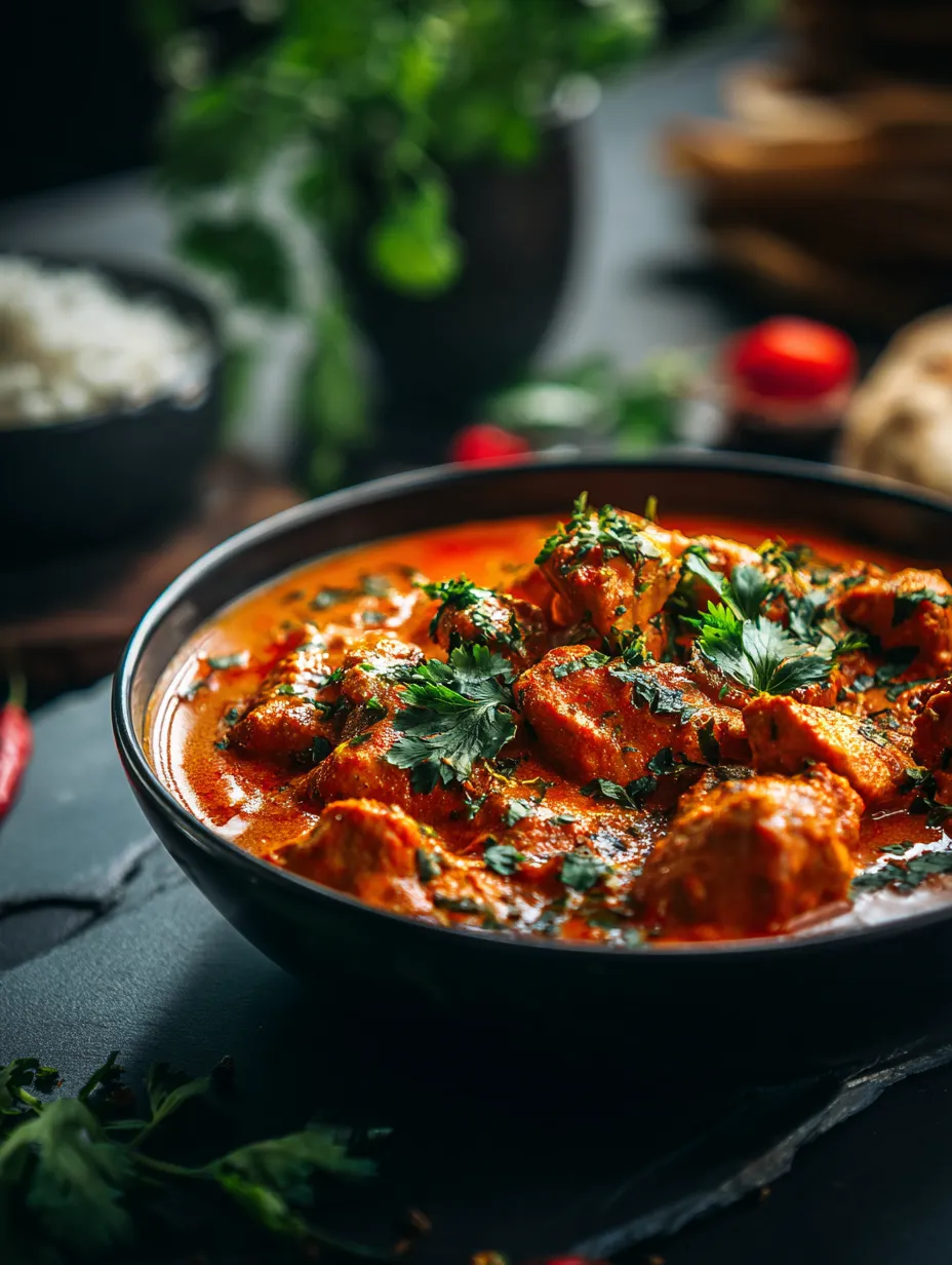 A bowl of red curry with meat and vegetables.