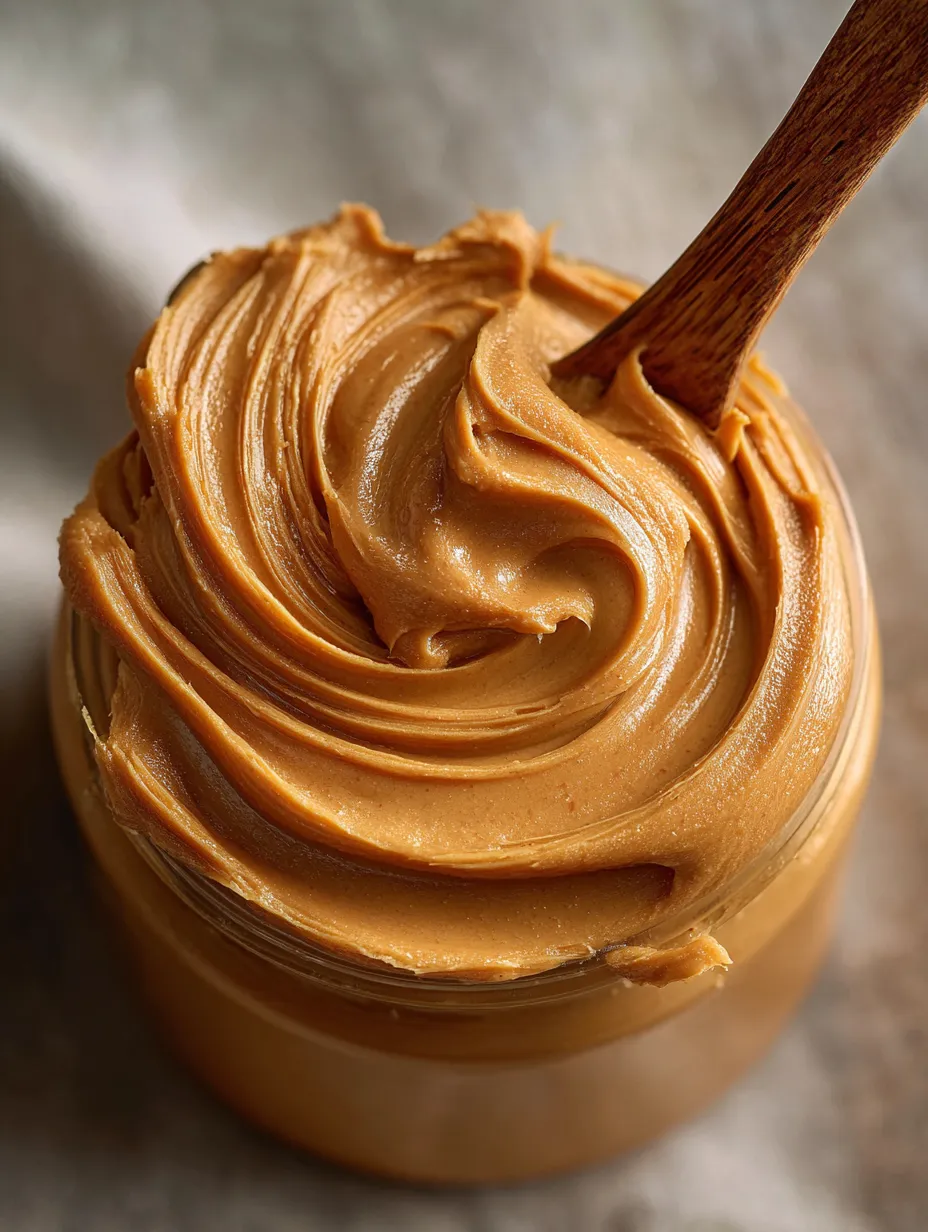 A jar packed with peanut butter and a wooden spoon sticking out.