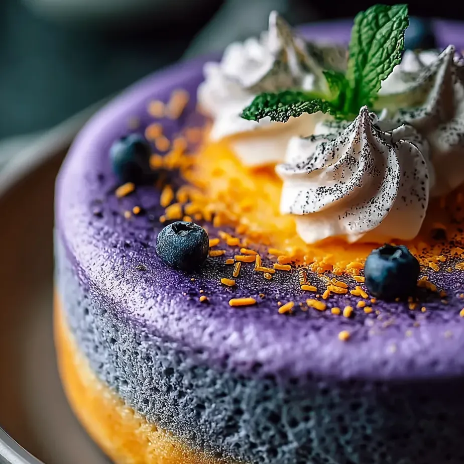 Big slice of cake topped with blueberries, finished with whipped cream.