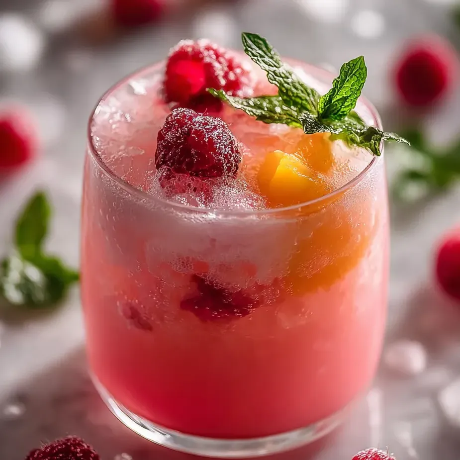 A glass filled with a pink drink, topped with fresh mint.