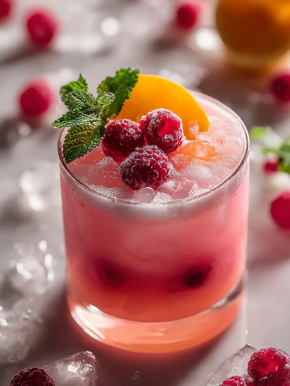 Pink drink in a glass with a slice of orange and raspberry on top.