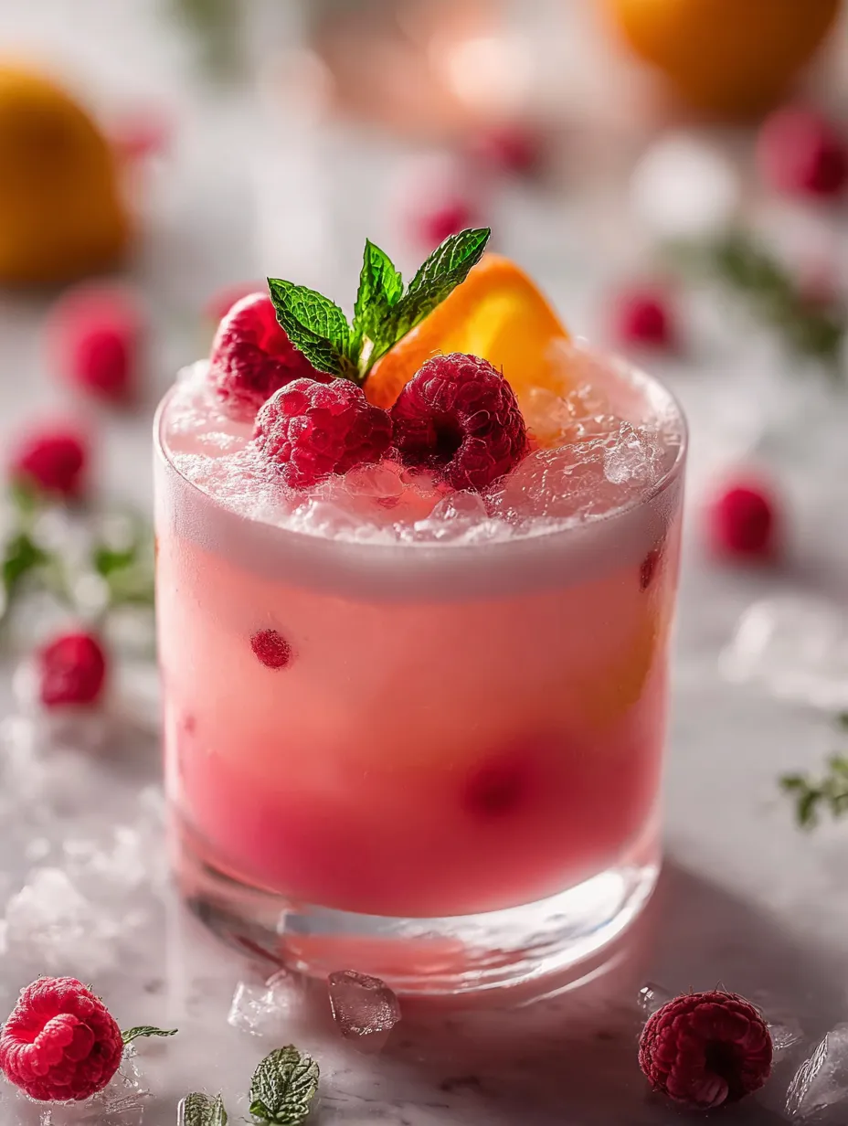 Pink drink in a glass, topped with a raspberry.