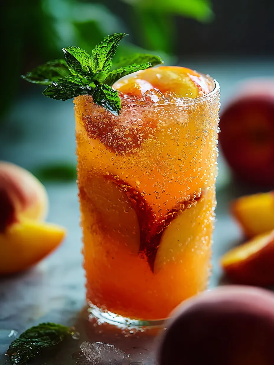 A chilled orange drink in a glass with a little bunch of mint on top.