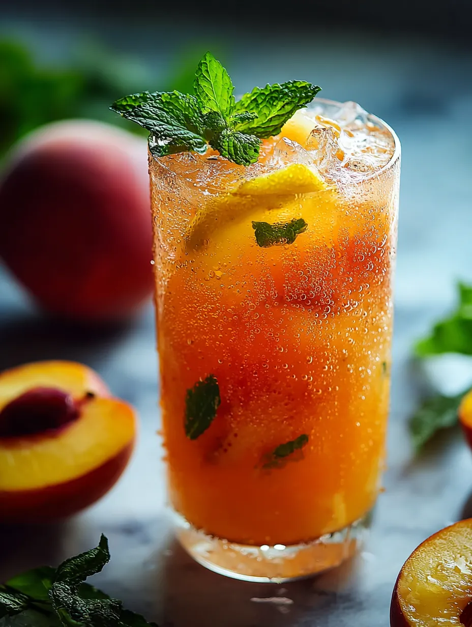 A cold orange drink in a glass topped with a lemon slice.