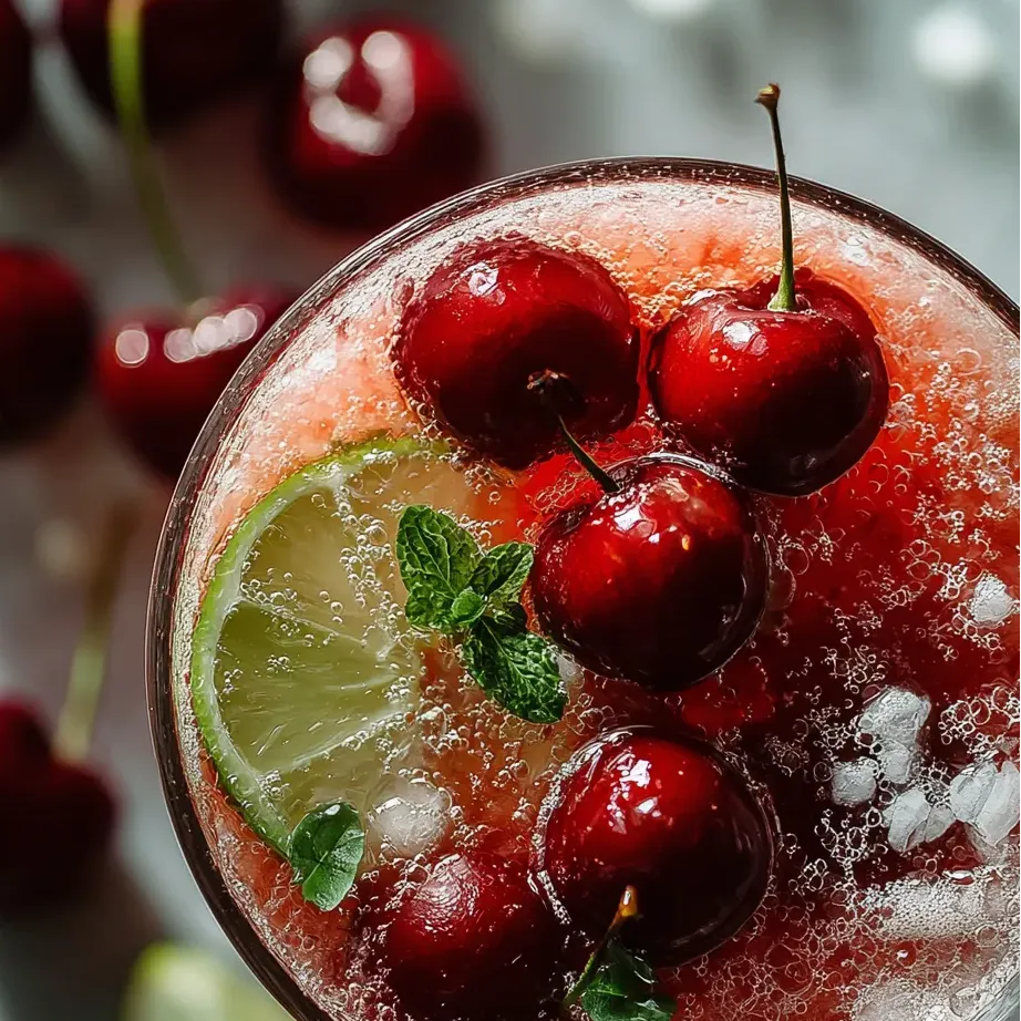 Glass of cherry drink, topped with a cherry.