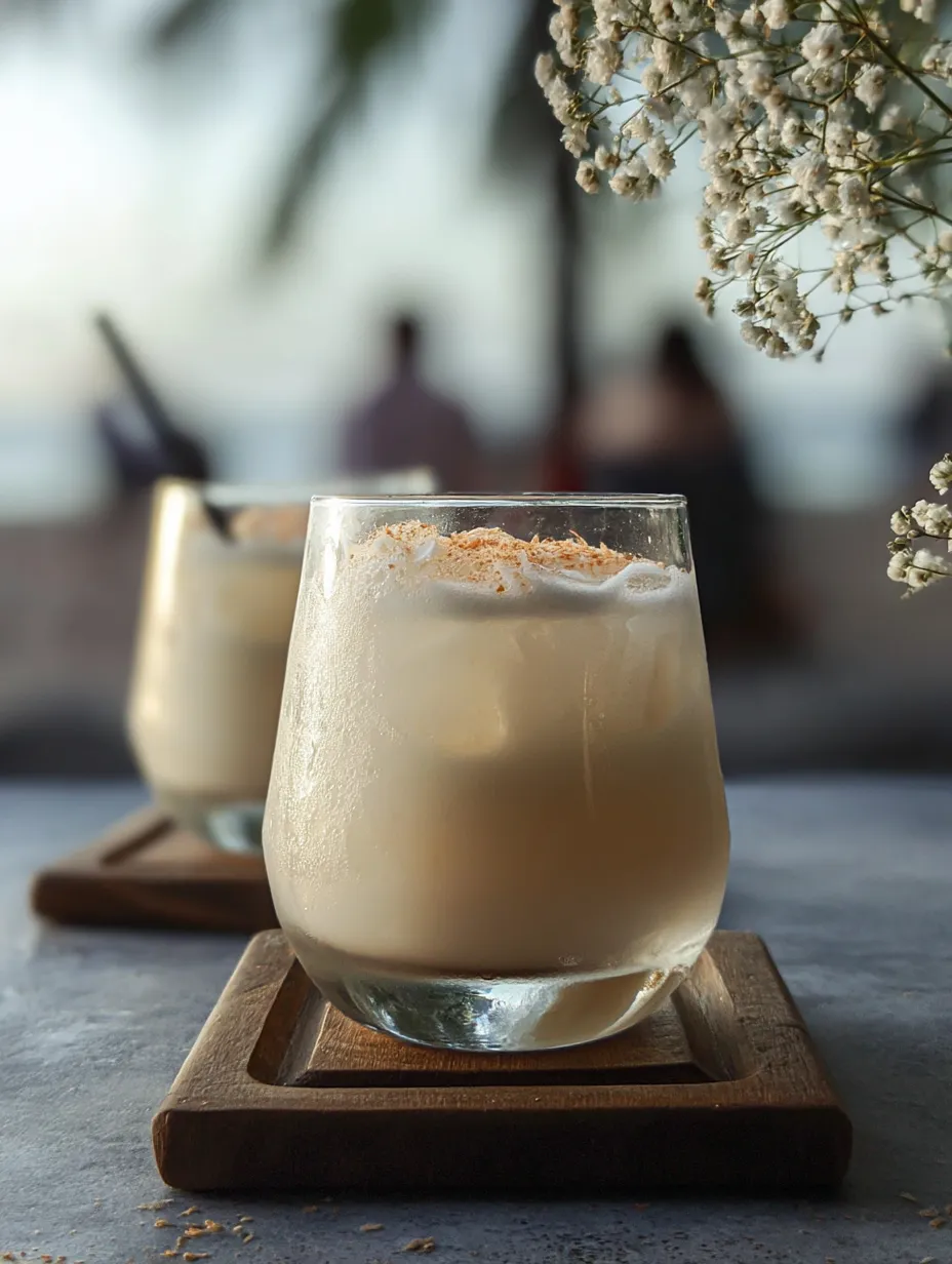 A pair of milk drinks topped with cinnamon on the table.