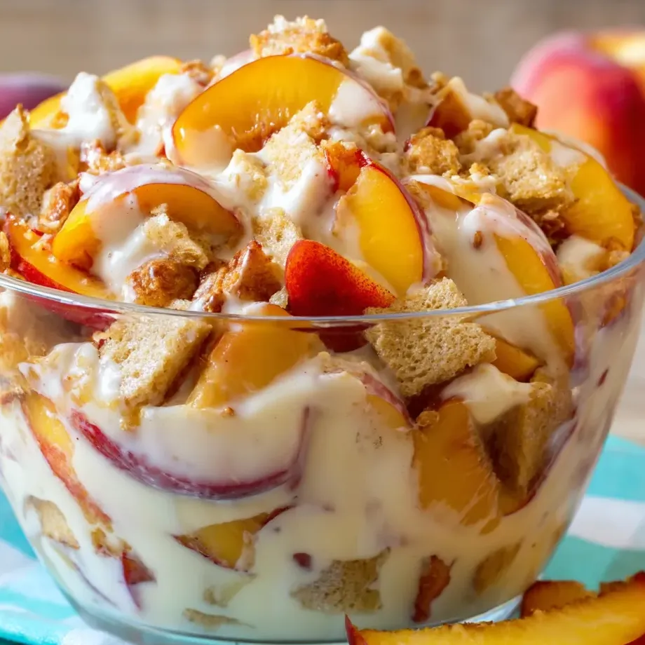 A bowl filled with peaches and sweet breadcrumbs.
