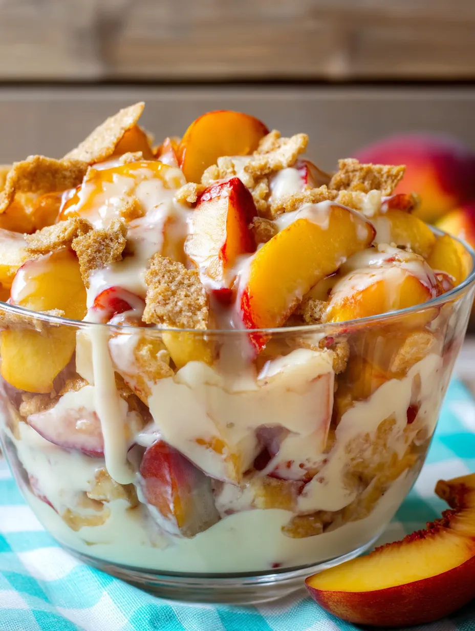 A bowl with peach chunks and crumbly topping.