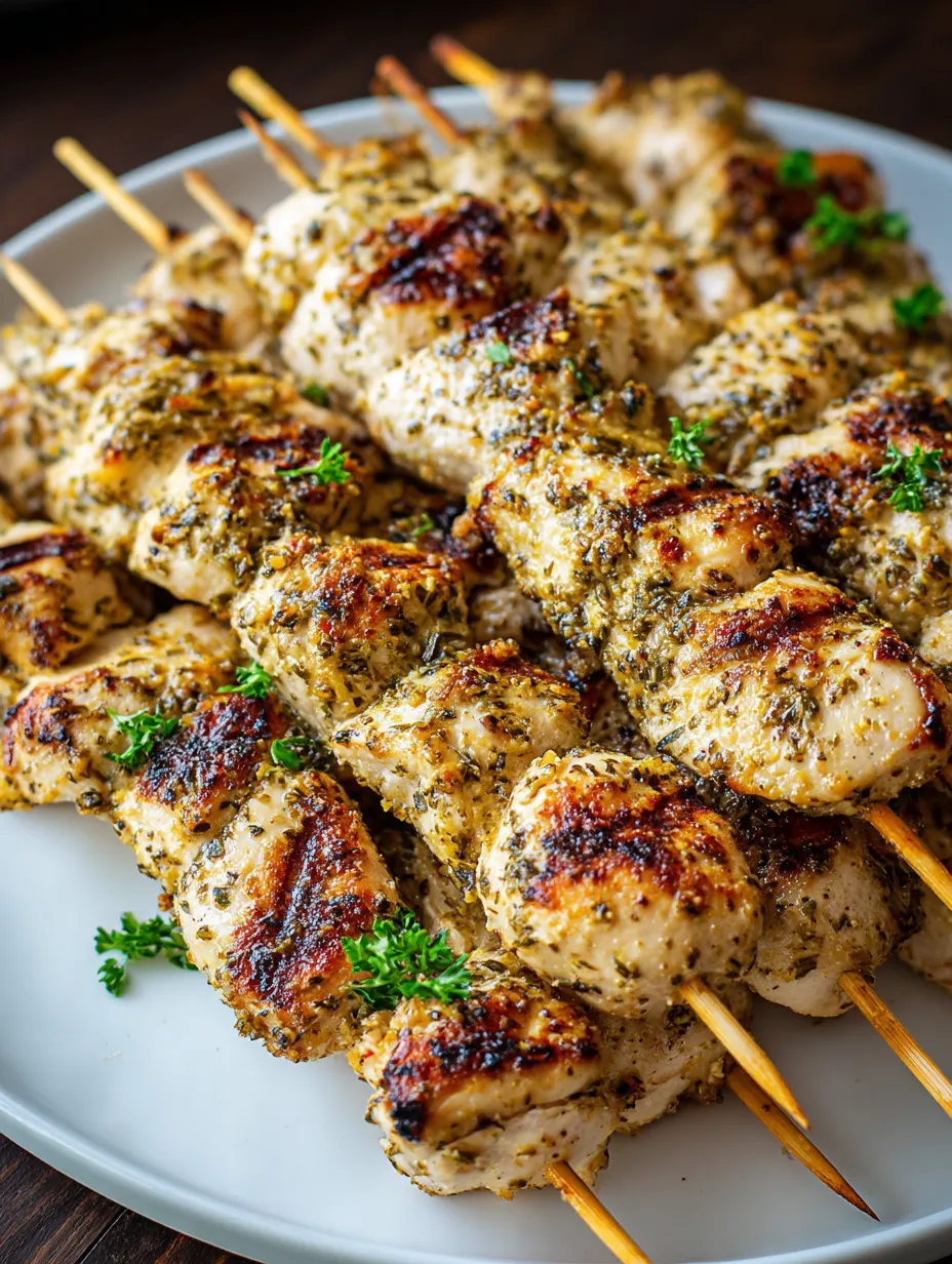 A plate stacked with chicken skewers plus herbs.