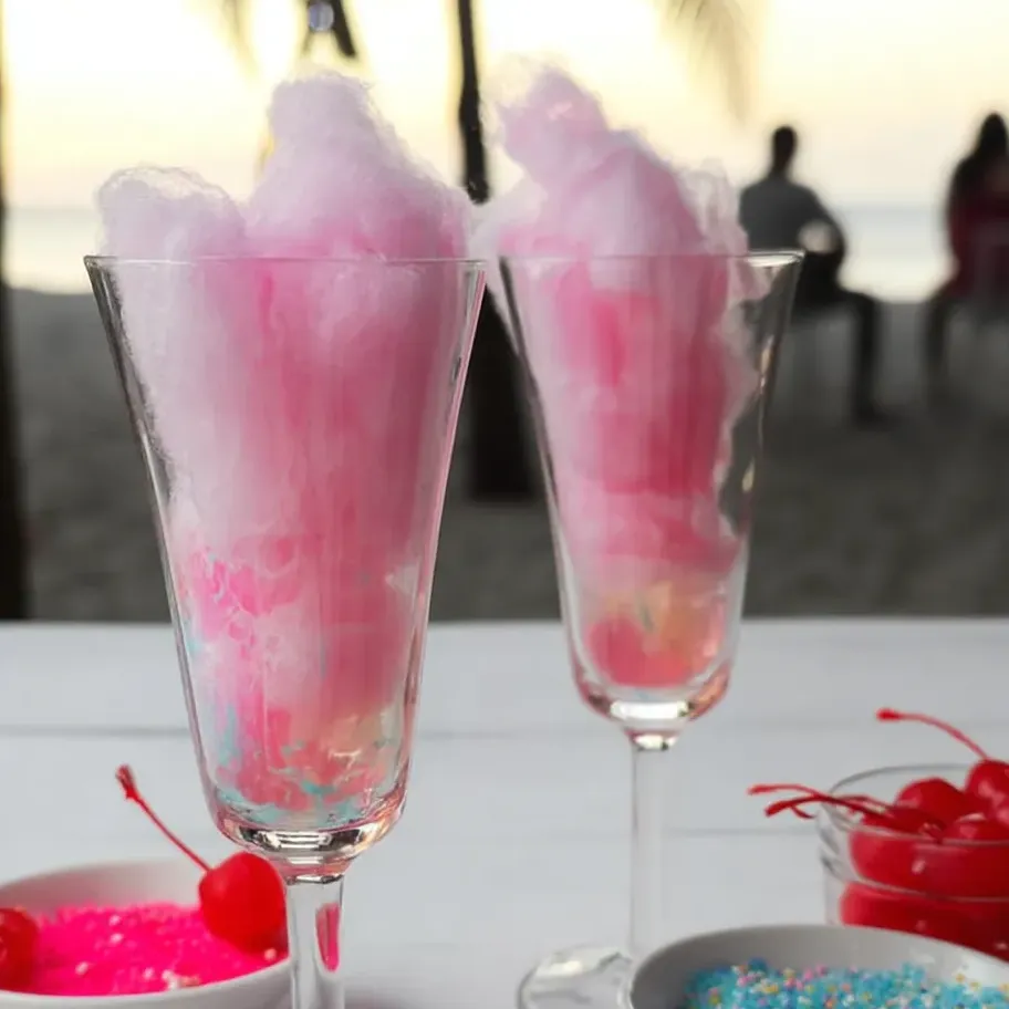 Two glasses bursting with pink cotton candy.