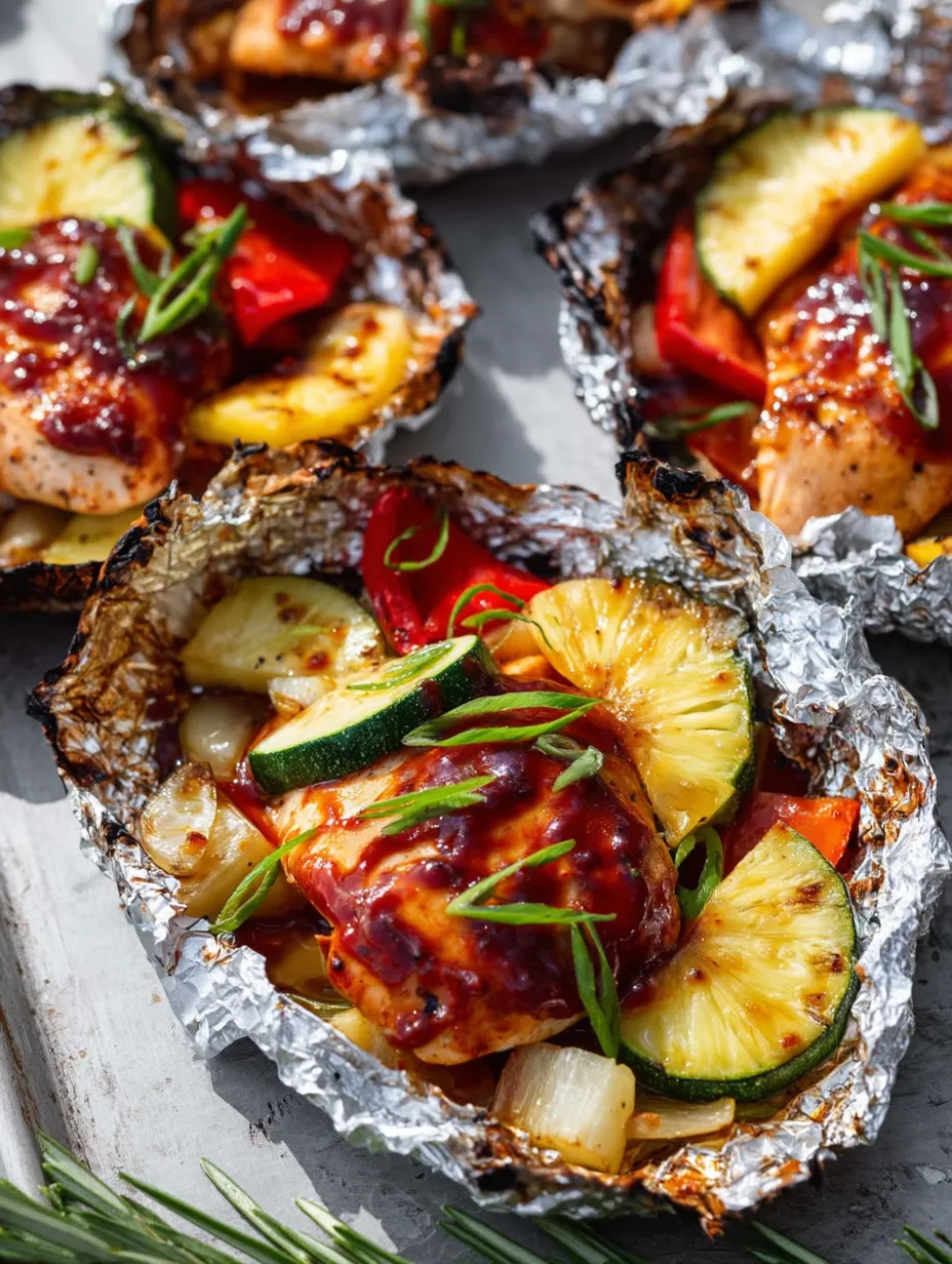 Foil packet holding grilled meat with pineapple and zucchini slices.