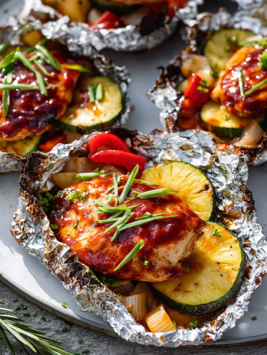 Chicken topped with pineapple, wrapped in shiny foil.
