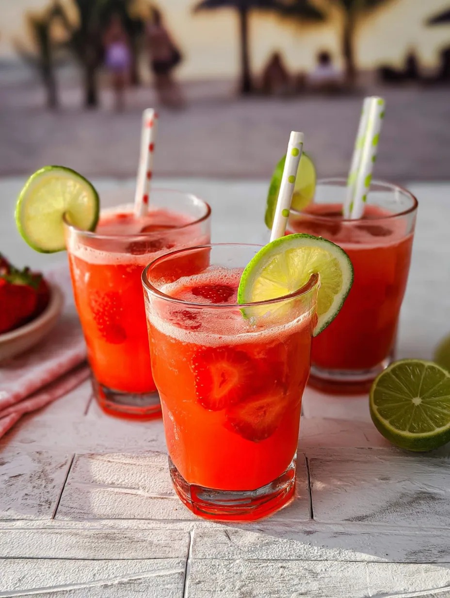 Three glasses filled with pink strawberry limeade and lime slices.