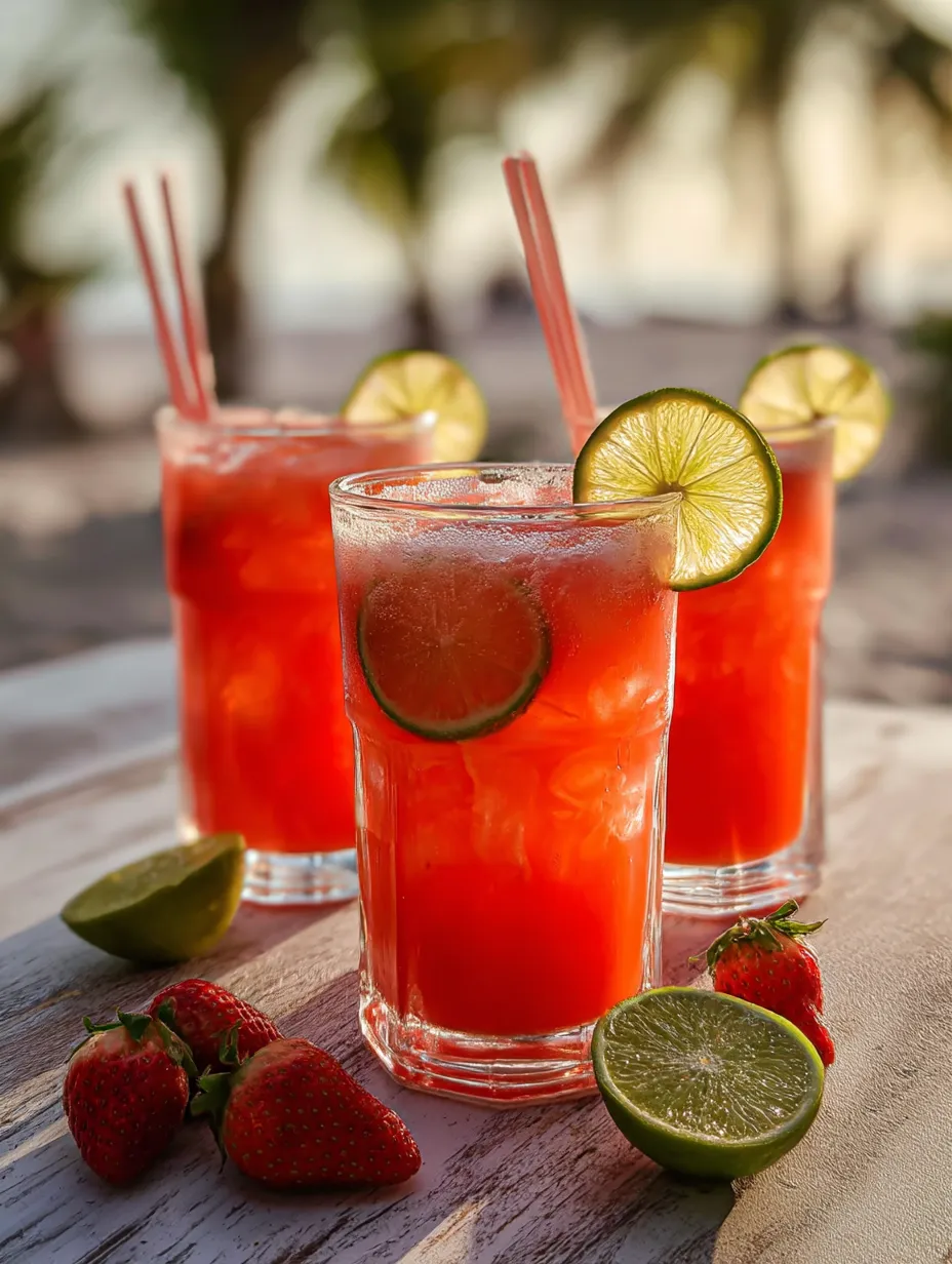 Two mason jars of strawberry limeade with lime wedges and berries.