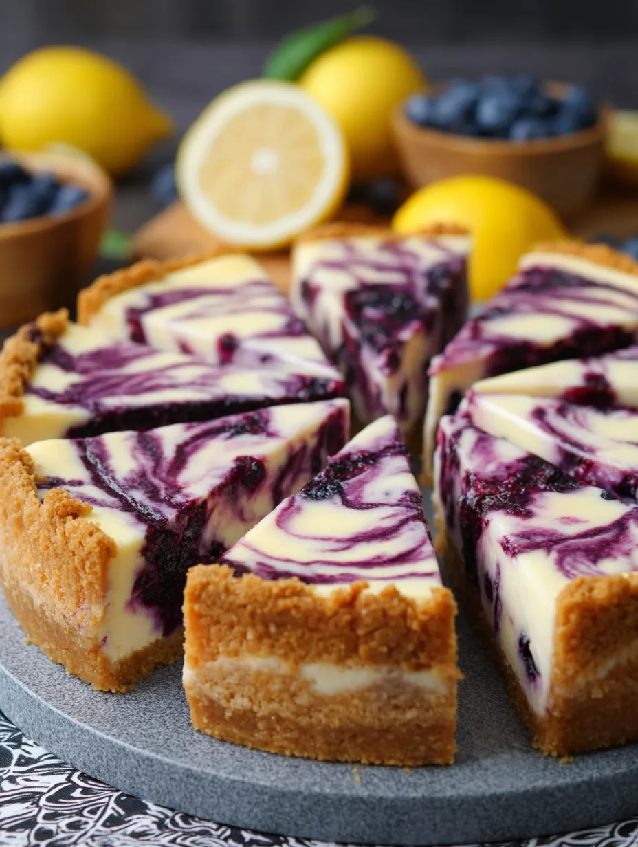 Piece of blueberry cheesecake with a wedge of lemon next to it.