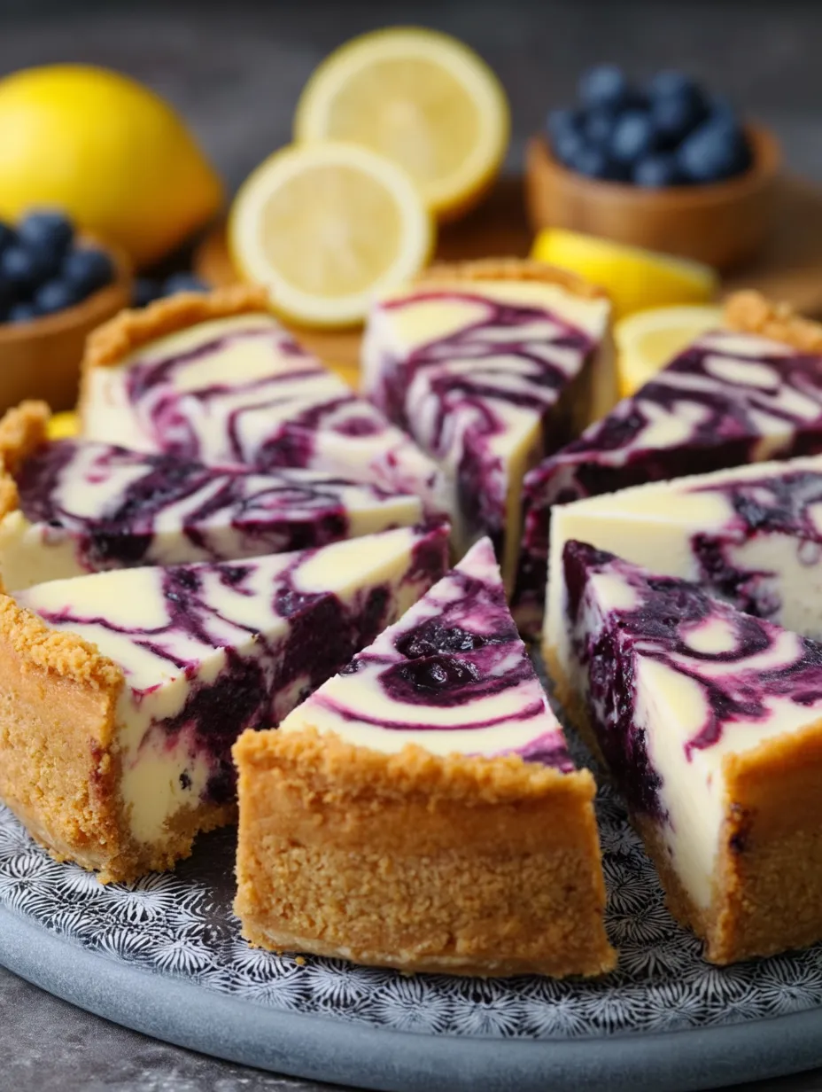 Slice of blueberry cheesecake sitting on a plate.