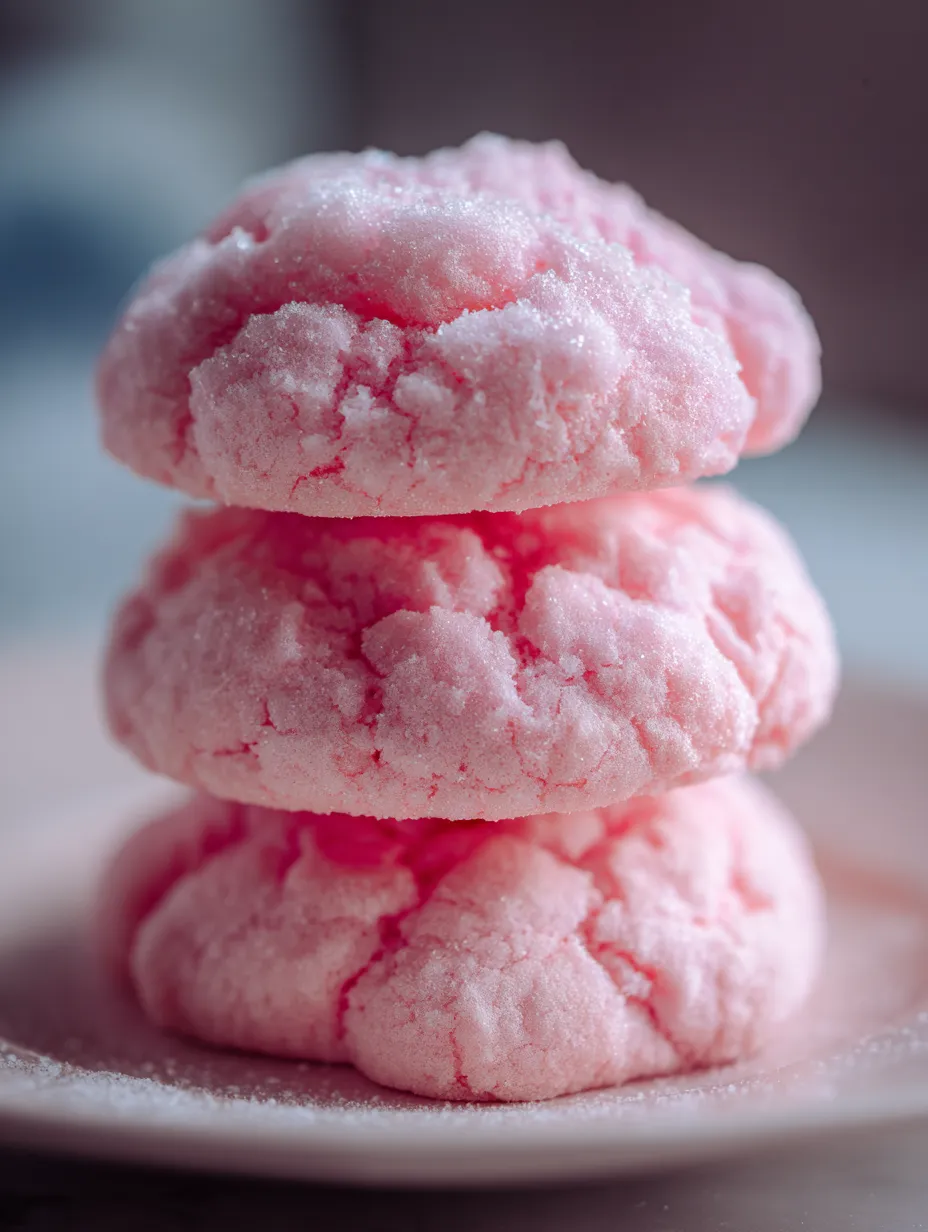 Three stacked cookies with pink and pastel swirls.