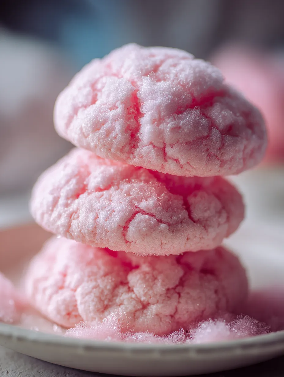 A stack of cookies with bright pink swirls up close.