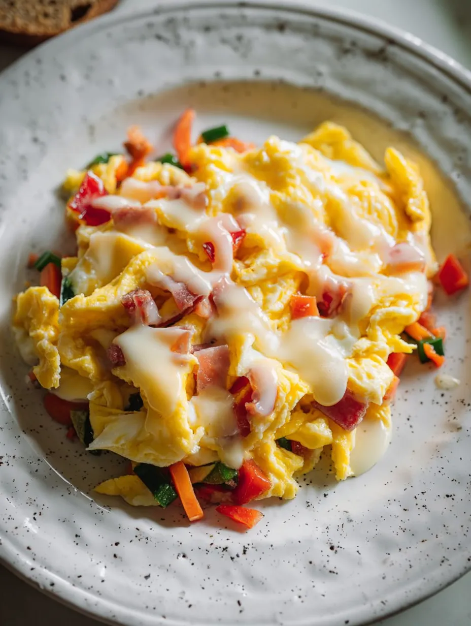 A plate with cheesy eggs and chunks of ham.