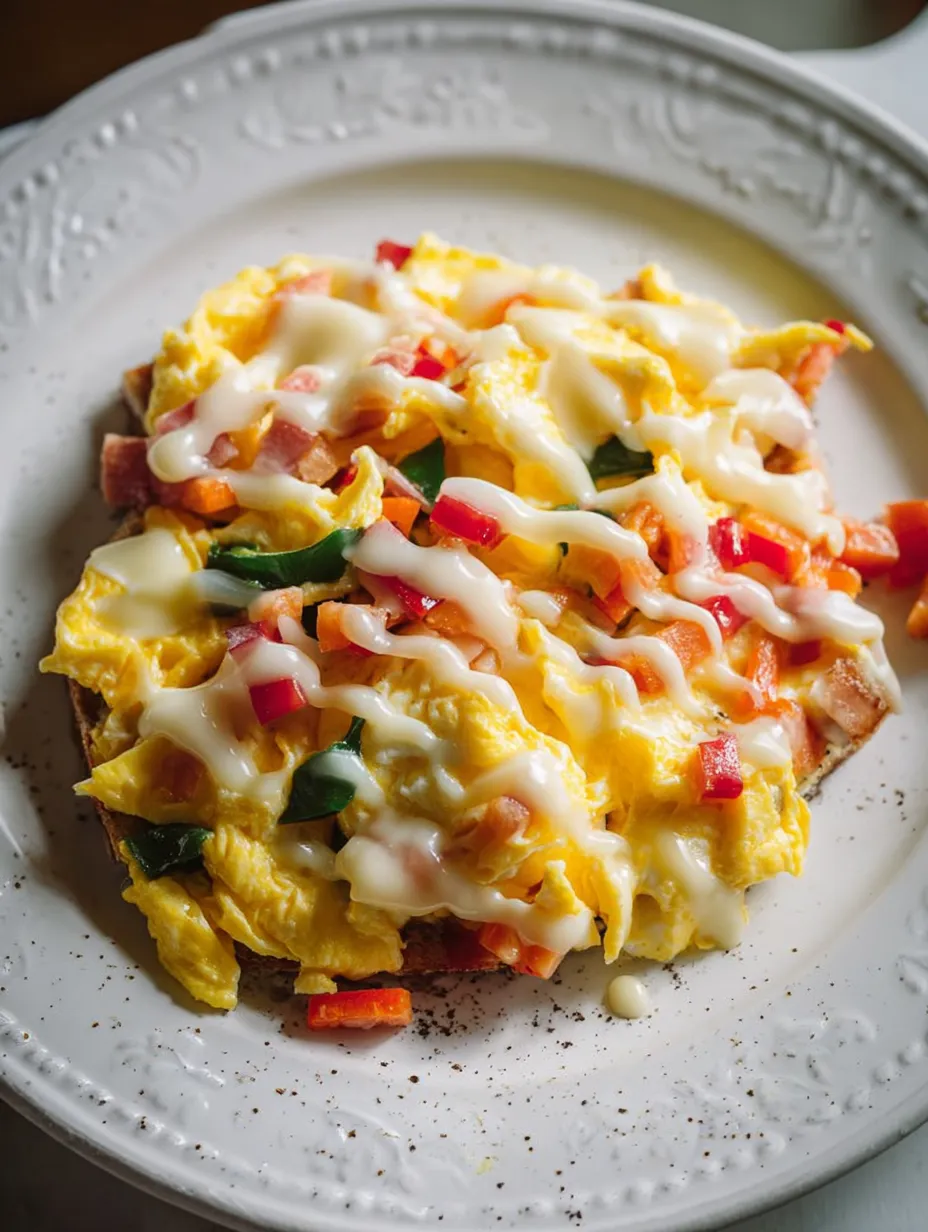 A plate loaded with cheesy eggs and tomatoes.