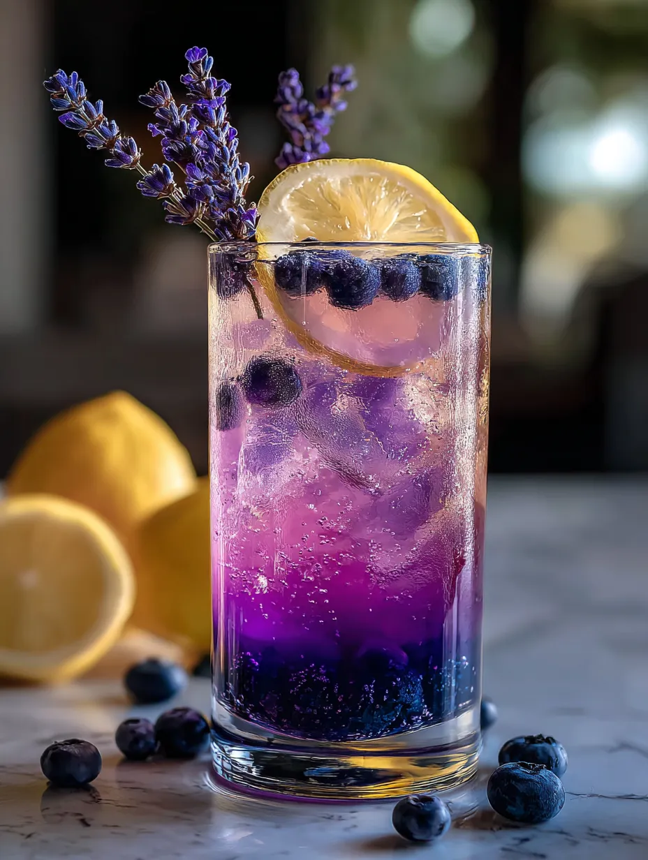 Tall glass of purple lemonade loaded with lemons and blueberries.