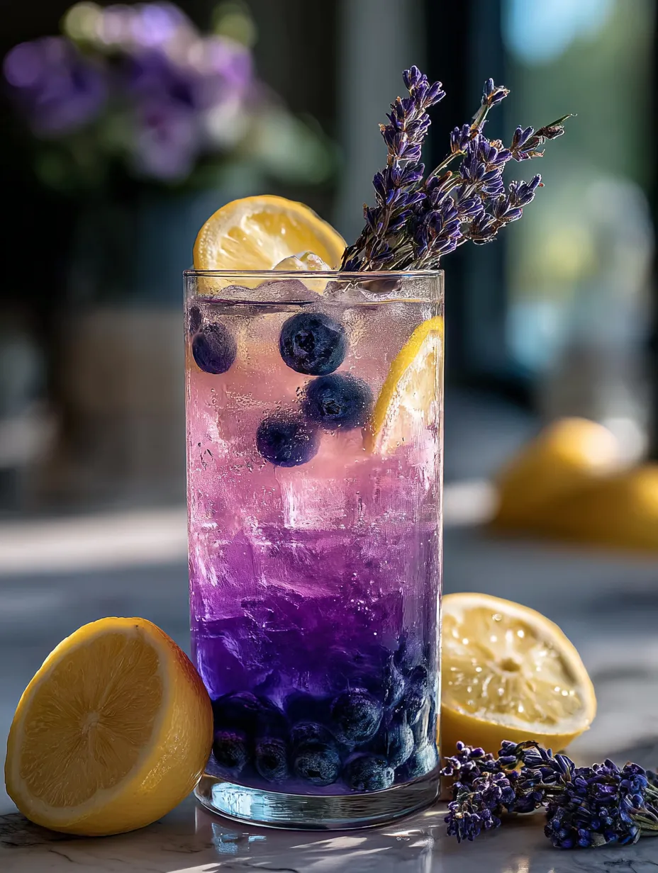 A chilled glass full of blueberry lemonade topped with a lemon slice and some blueberries.