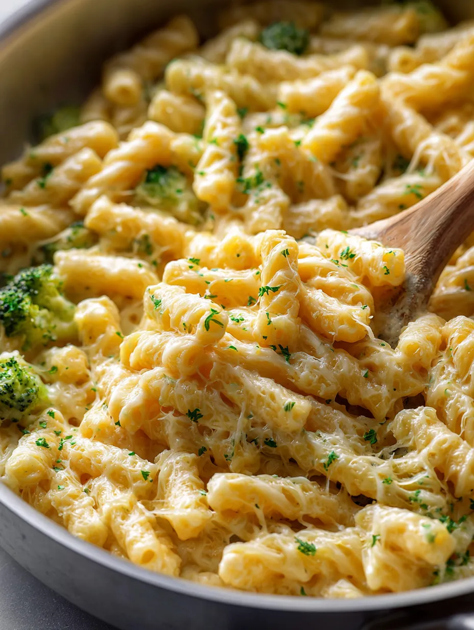 A bowl stacked with cheesy broccoli noodle goodness.
