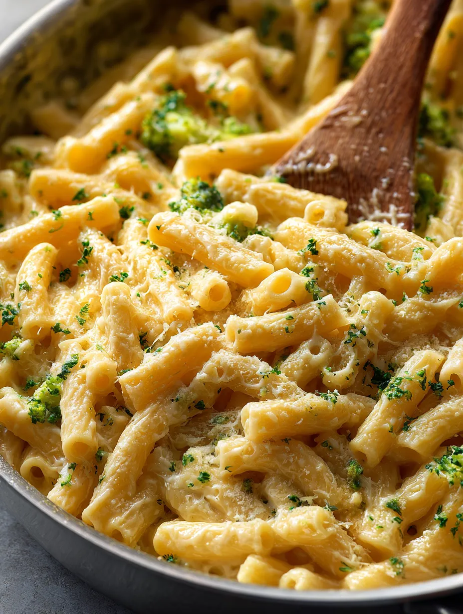 A bowl loaded with cheesy broccoli pasta.