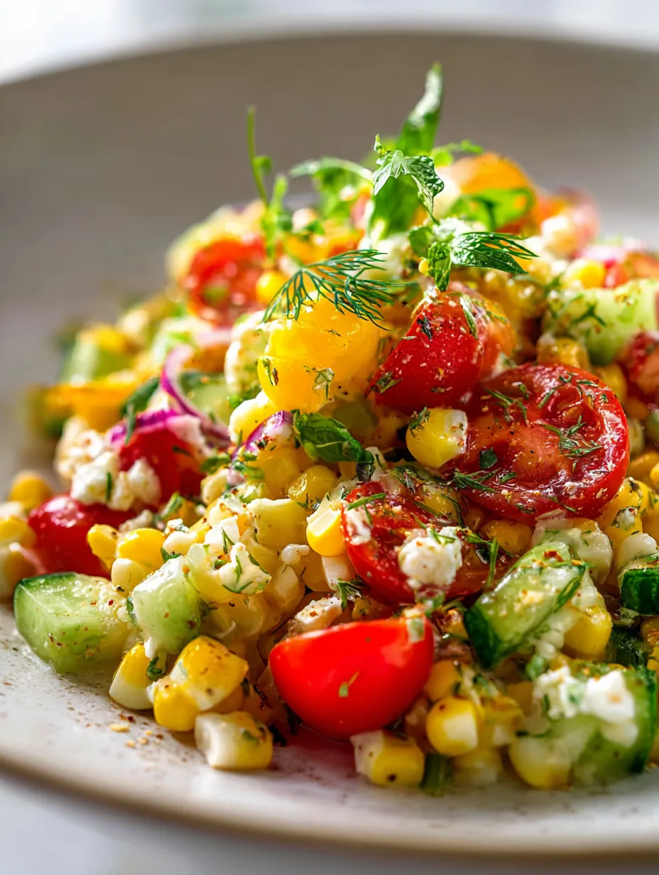 Plate piled high with corn, tomatoes, and cucumber.