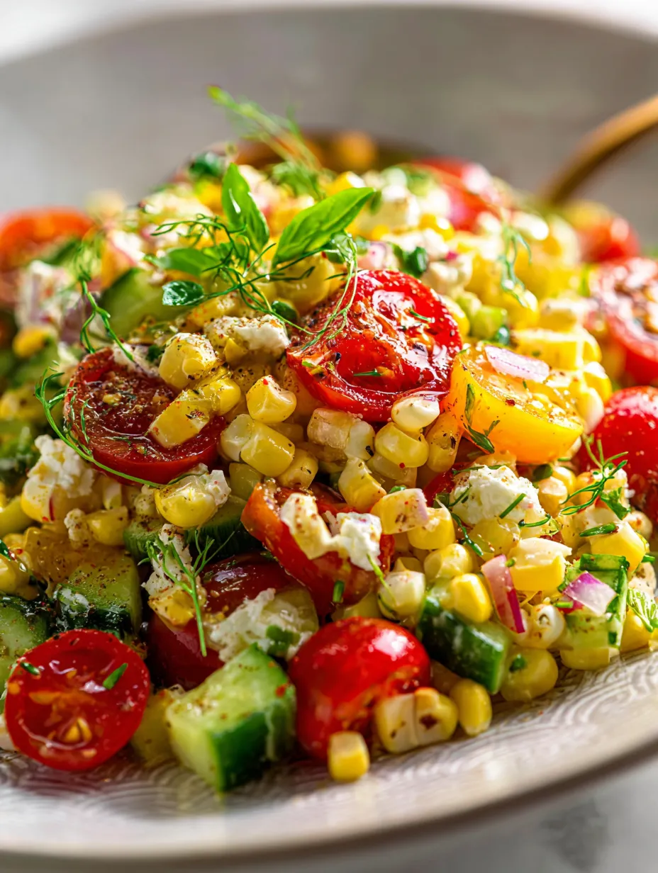A bowl full of bright veggies like corn, cucumbers, and tomatoes.