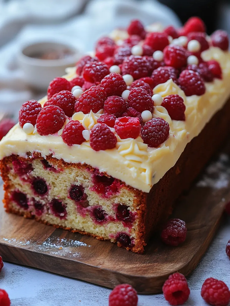 A slice of cake topped with raspberries and white chocolate chips.