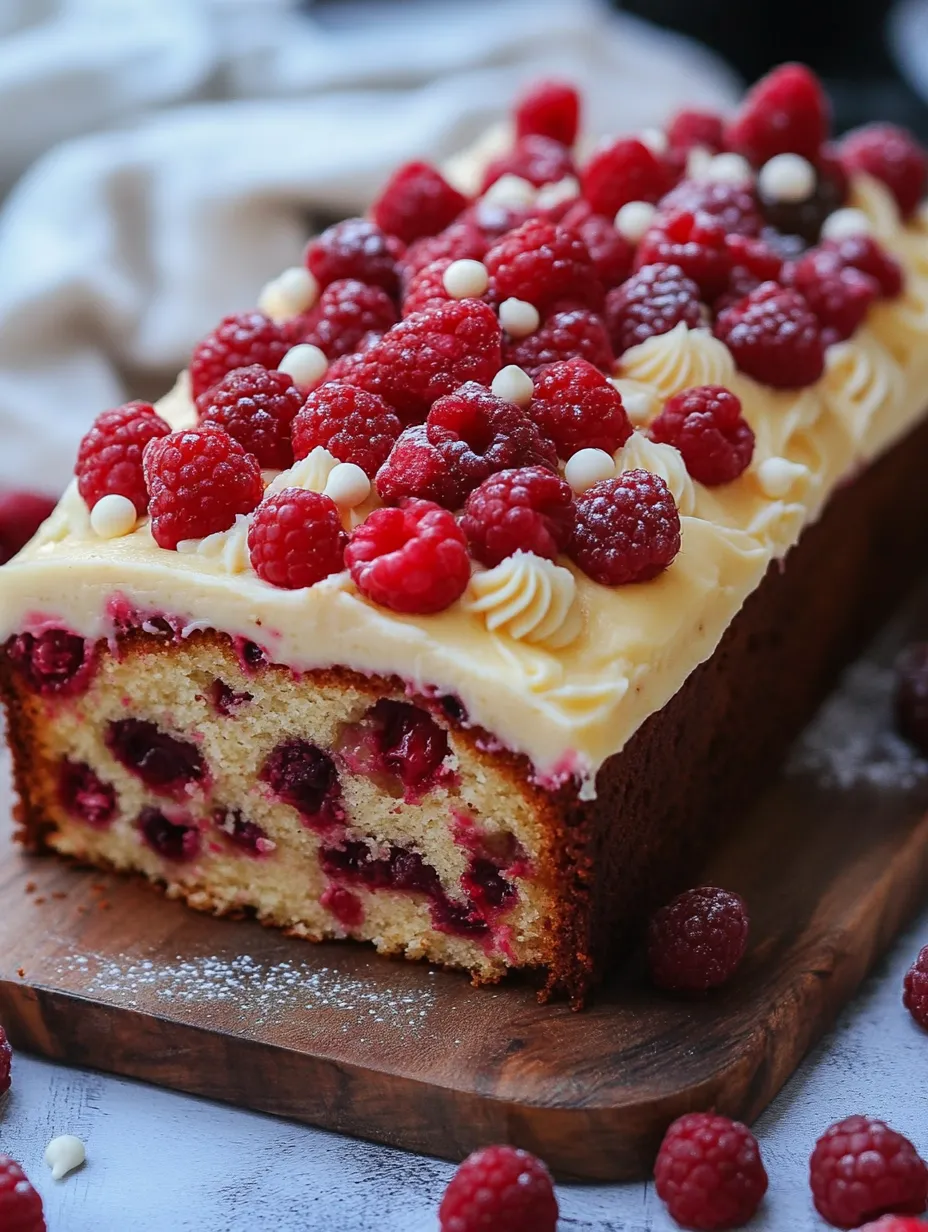 A slice of cake topped with raspberries and white chocolate chips.