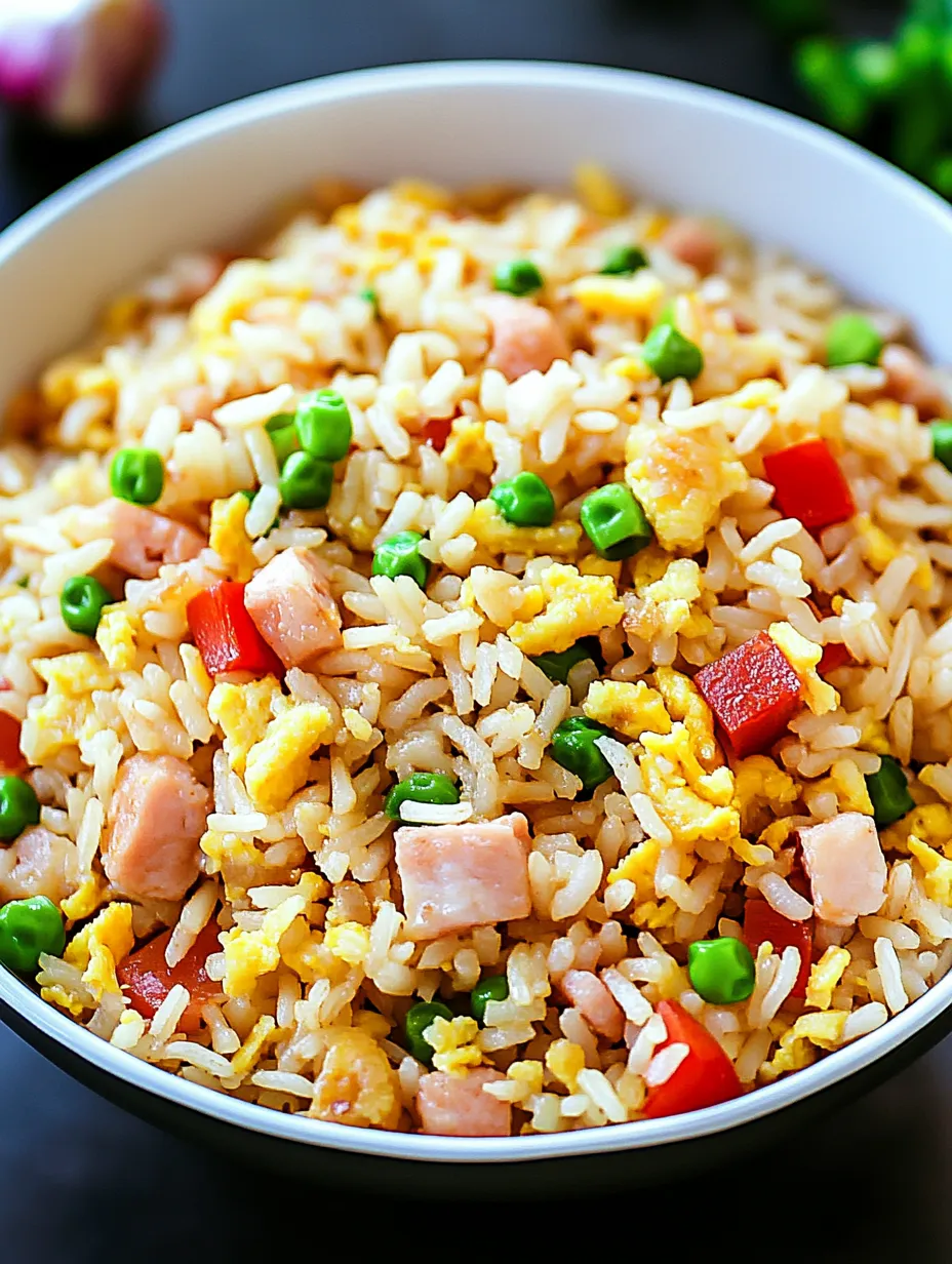 A bowl of rice with peas and ham.