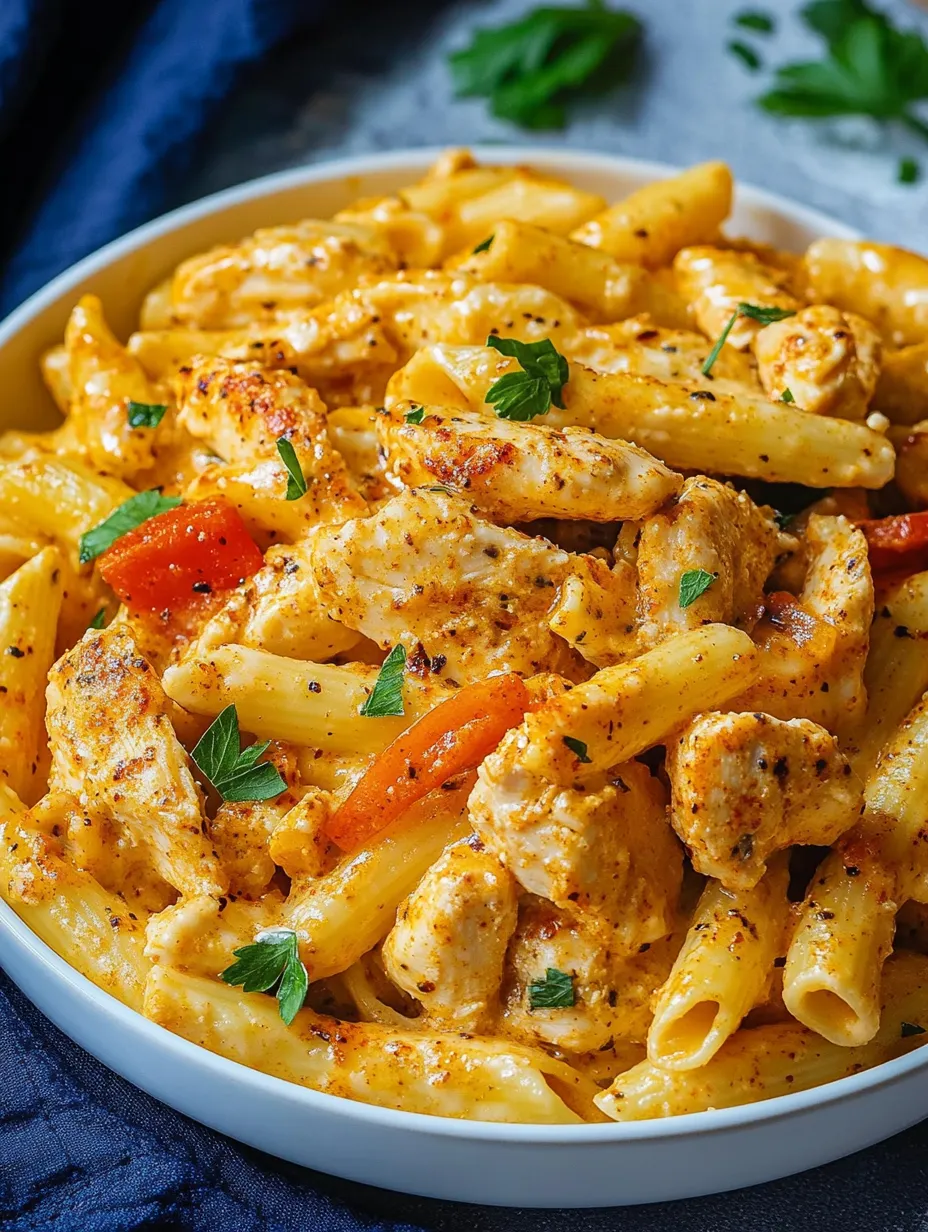 A bowl of pasta with chicken and tomatoes.