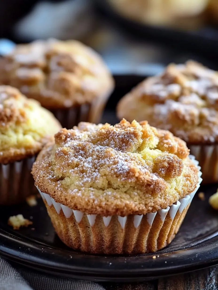 Muffins on a plate with a dusting of powdered sugar.