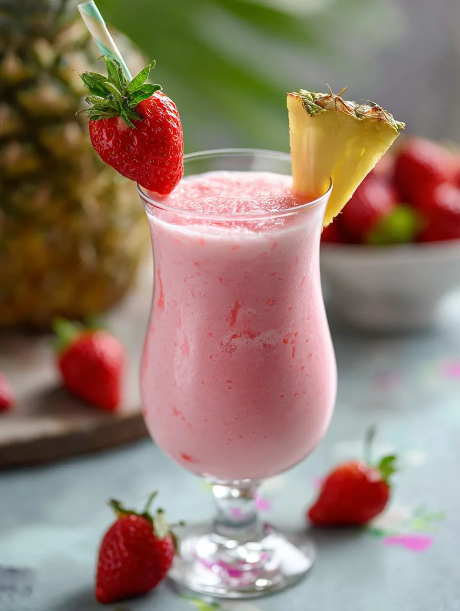A glass with a pink fruity drink and fresh strawberries.