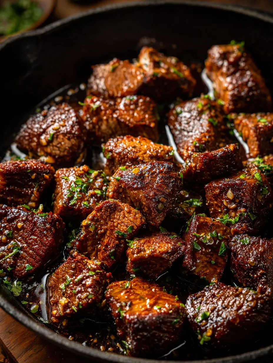 A bowl filled with steak bites and fresh herbs on top.