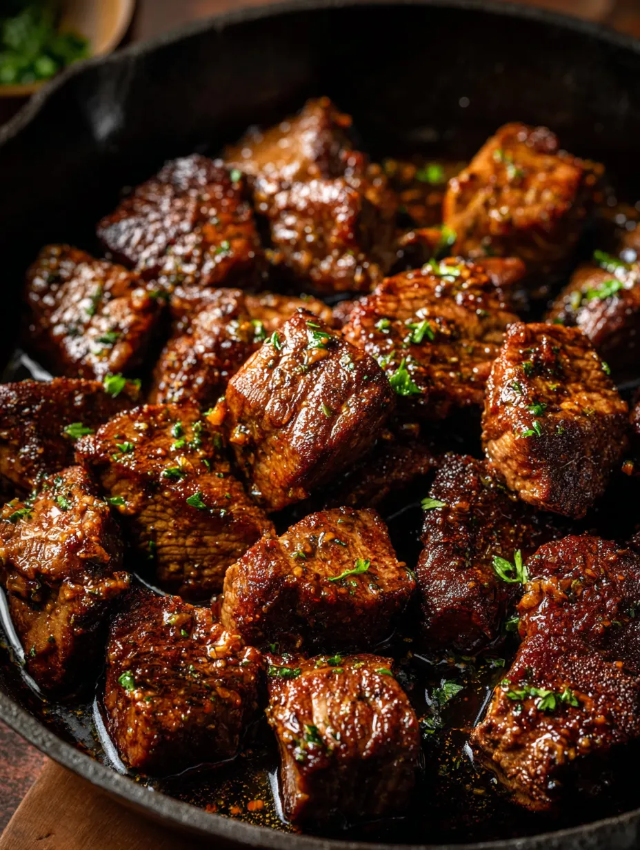 A pan of steak bites finished with chopped parsley.
