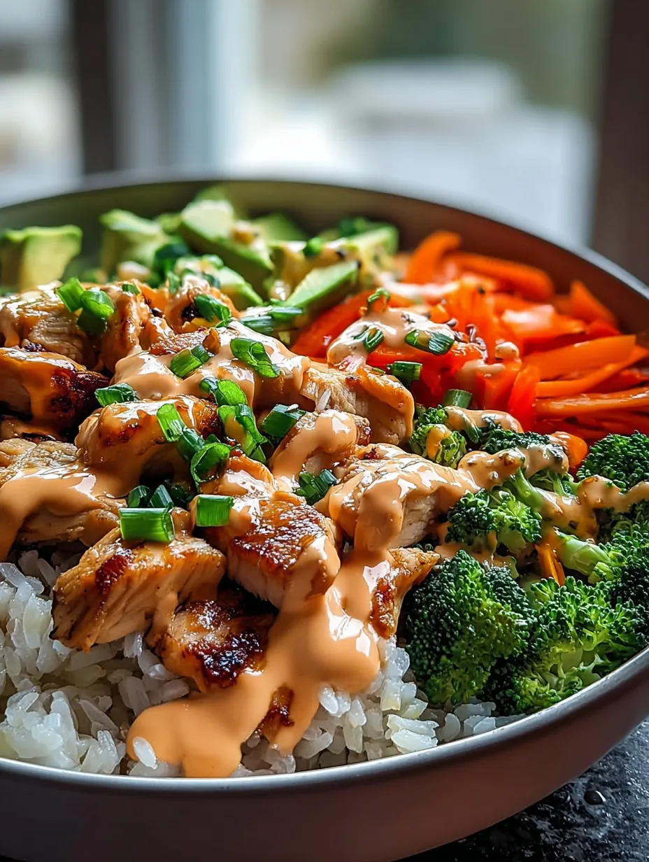 A loaded bowl filled with rice, vibrant veggies, and chicken pieces.