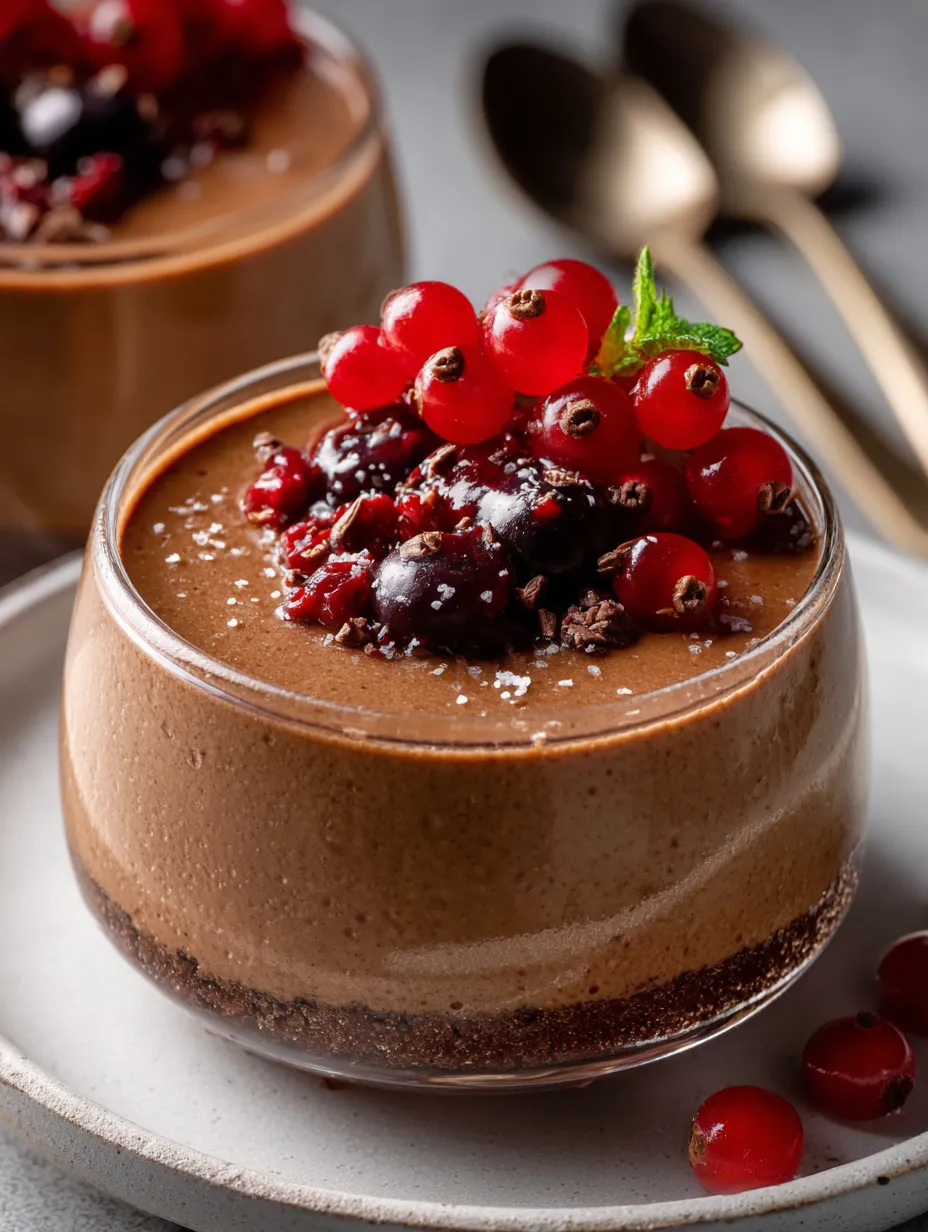 A chocolate dessert with berries on top.