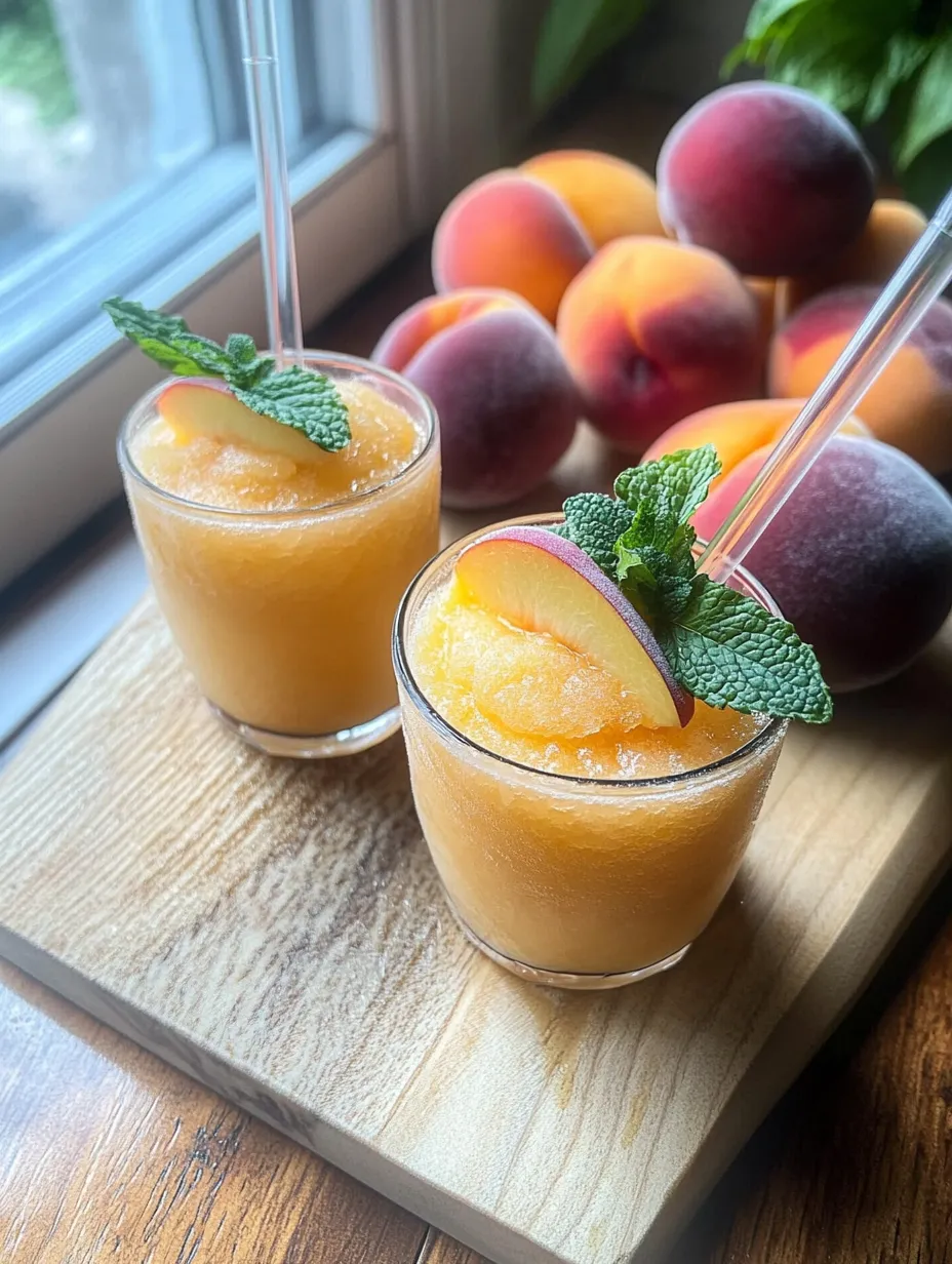Two glasses of peach juice topped with mint.