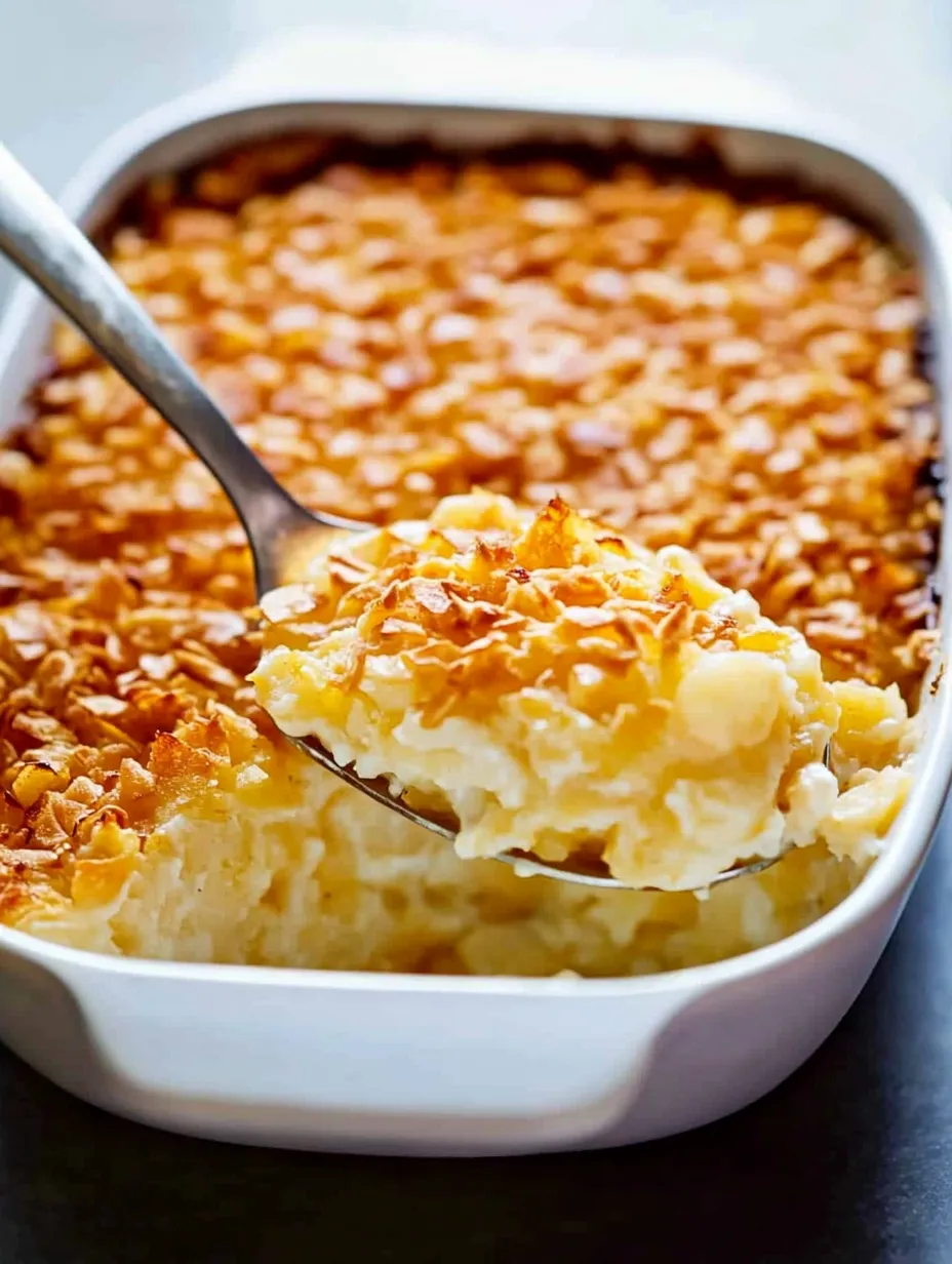 Fork in a bowl filled with creamy, cheesy potatoes and crunchy topping.