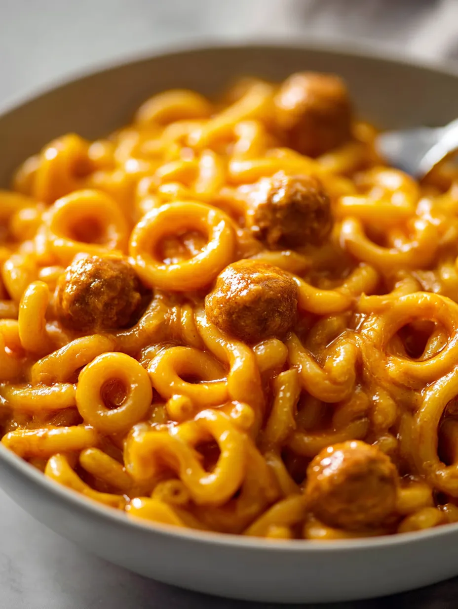 A bowl loaded with pasta, sauce, and little meatballs, ready to eat.