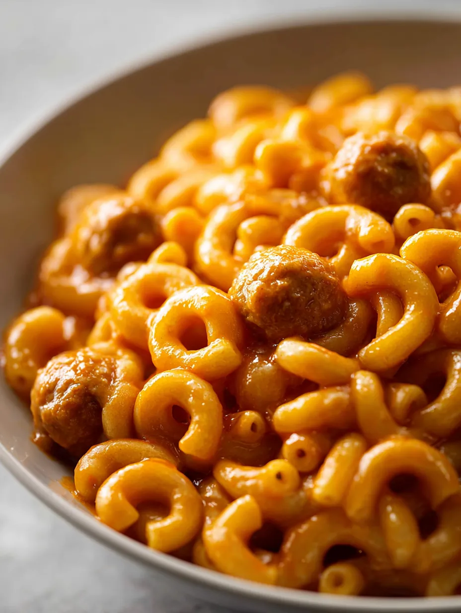 A bowl filled with pasta Os and bite-size meatballs, sitting on a wood table.